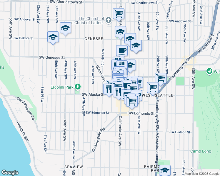 map of restaurants, bars, coffee shops, grocery stores, and more near 4528 44th Avenue Southwest in Seattle