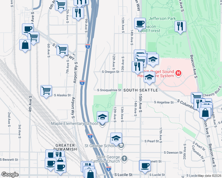 map of restaurants, bars, coffee shops, grocery stores, and more near 4555 12th Avenue South in Seattle