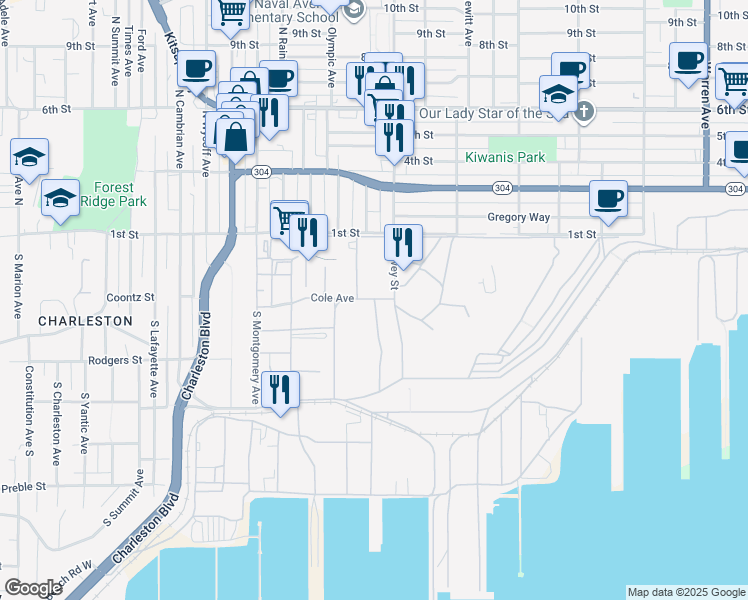 map of restaurants, bars, coffee shops, grocery stores, and more near 201 Doyen Street in Bremerton