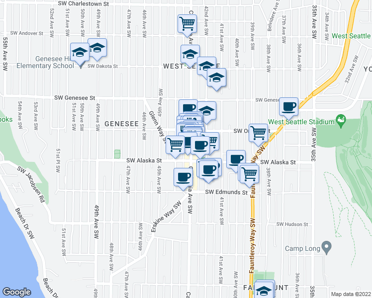 map of restaurants, bars, coffee shops, grocery stores, and more near 4539 California Avenue Southwest in Seattle