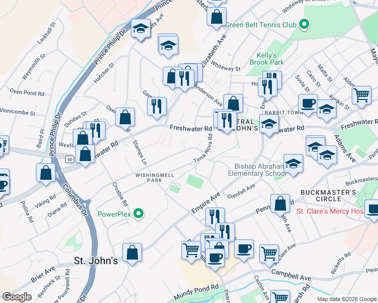 map of restaurants, bars, coffee shops, grocery stores, and more near 15 Wishingwell Road in St. John's