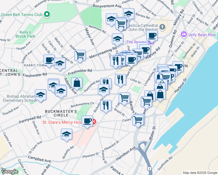 map of restaurants, bars, coffee shops, grocery stores, and more near 4 Franklyn Avenue in St. John's