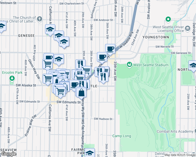 map of restaurants, bars, coffee shops, grocery stores, and more near 4601 37th Avenue Southwest in Seattle