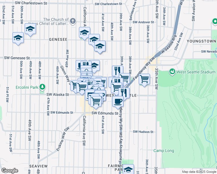 map of restaurants, bars, coffee shops, grocery stores, and more near 4529 40th Avenue Southwest in Seattle