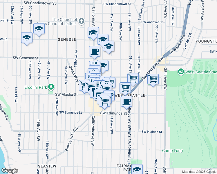 map of restaurants, bars, coffee shops, grocery stores, and more near 4532 42nd Avenue Southwest in Seattle
