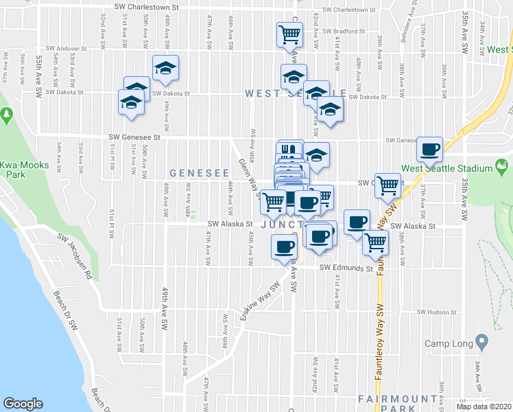 map of restaurants, bars, coffee shops, grocery stores, and more near 4527 45th Avenue Southwest in Seattle
