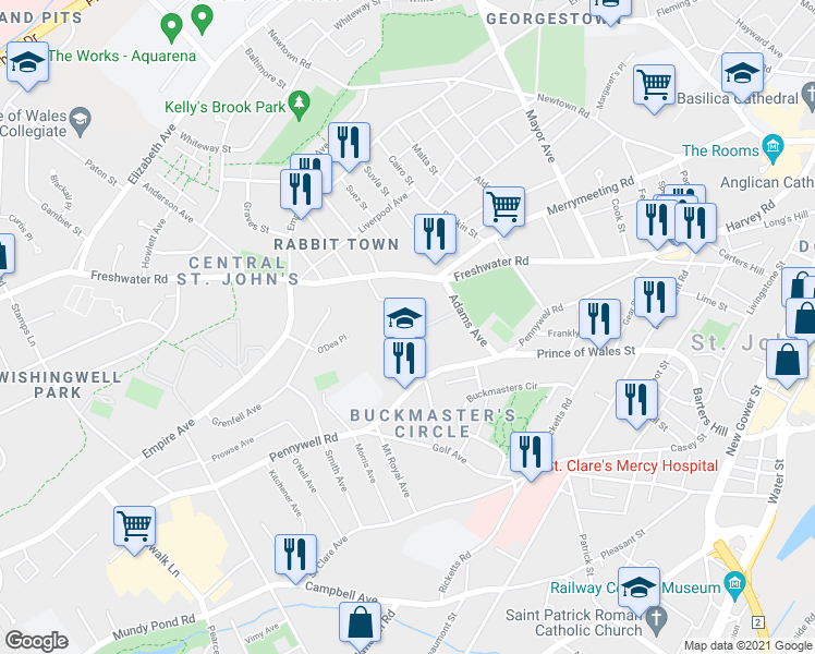 map of restaurants, bars, coffee shops, grocery stores, and more near 50 Keane Place in St. John's