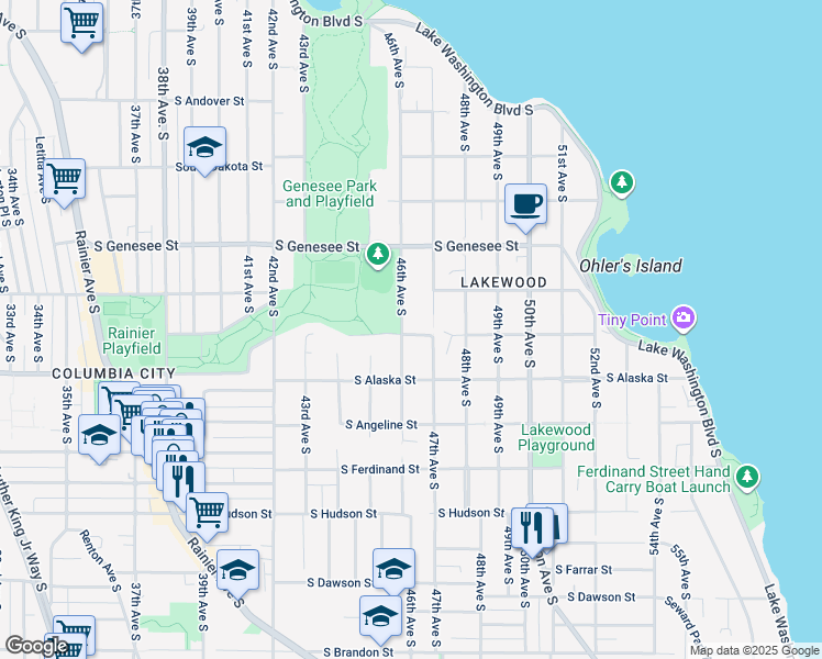 map of restaurants, bars, coffee shops, grocery stores, and more near 4532 46th Avenue South in Seattle