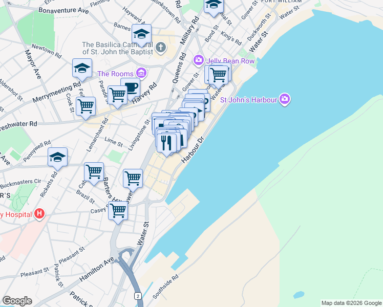 map of restaurants, bars, coffee shops, grocery stores, and more near Harbour Drive in St. John's