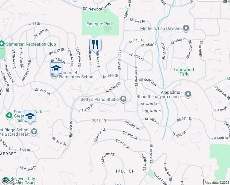 map of restaurants, bars, coffee shops, grocery stores, and more near 4648 147th Place Southeast in Bellevue