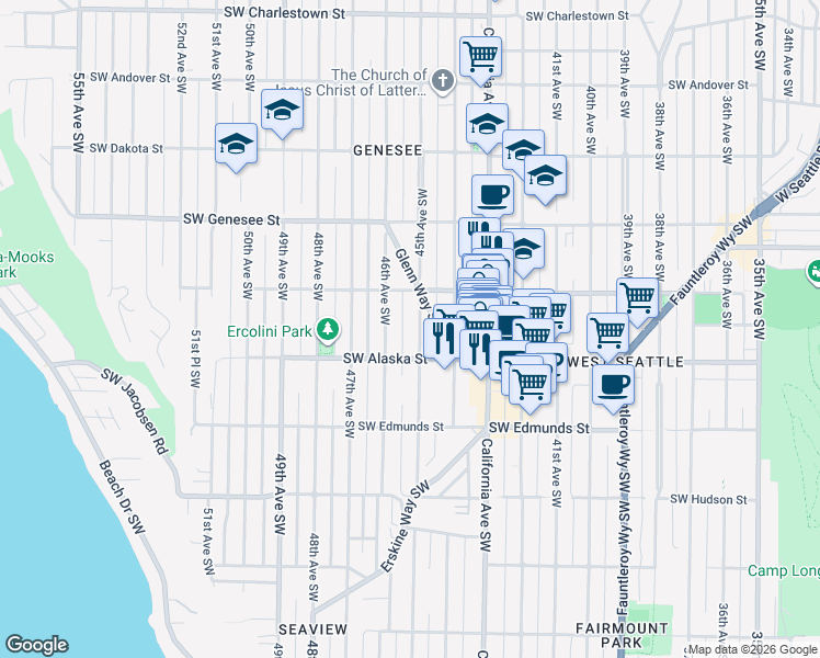 map of restaurants, bars, coffee shops, grocery stores, and more near 4527 45th Avenue Southwest in Seattle
