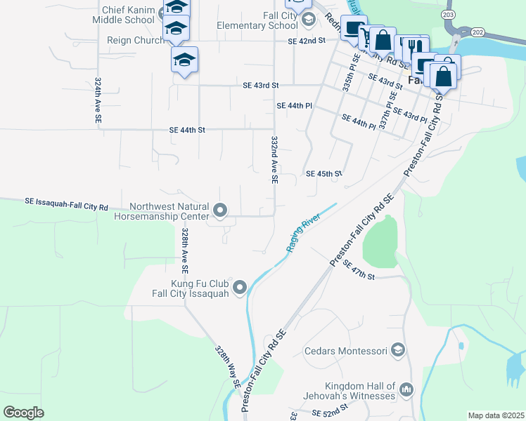 map of restaurants, bars, coffee shops, grocery stores, and more near 33116 Southeast Issaquah-Fall City Road in Fall City