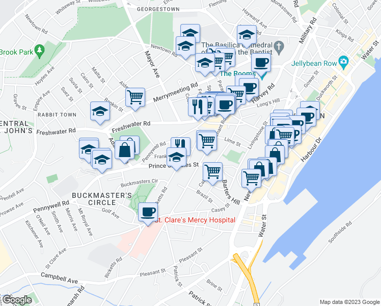 map of restaurants, bars, coffee shops, grocery stores, and more near 20 Gear Street in St. John's