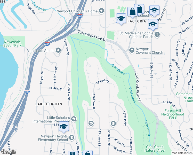 map of restaurants, bars, coffee shops, grocery stores, and more near 4651 123rd Avenue Southeast in Bellevue