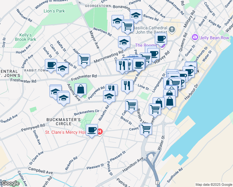map of restaurants, bars, coffee shops, grocery stores, and more near 18 Gear Street in St. John's