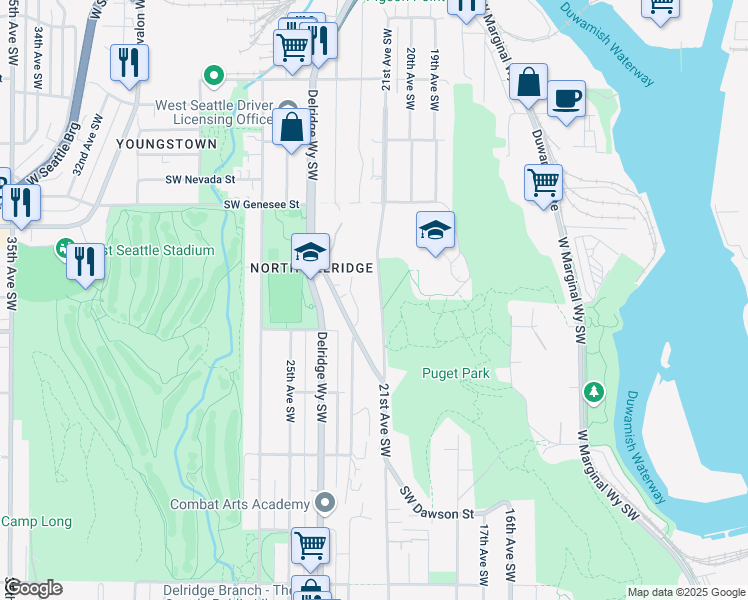 map of restaurants, bars, coffee shops, grocery stores, and more near 4562 22nd Avenue Southwest in Seattle