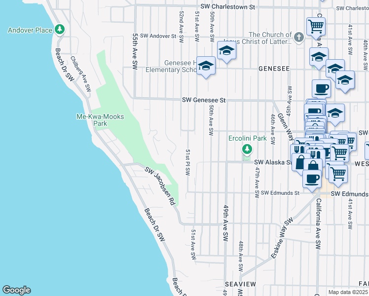 map of restaurants, bars, coffee shops, grocery stores, and more near 4535 51st Place Southwest in Seattle