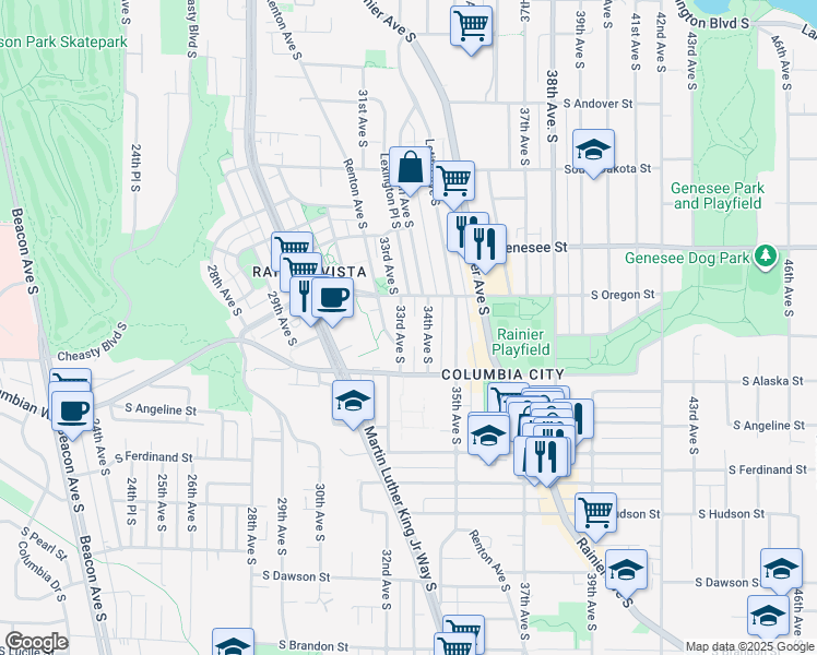map of restaurants, bars, coffee shops, grocery stores, and more near 4528 33rd Avenue South in Seattle