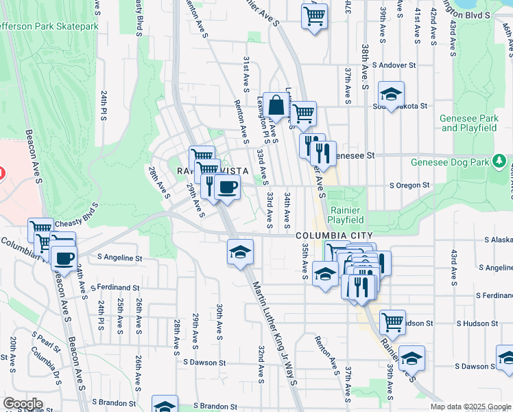 map of restaurants, bars, coffee shops, grocery stores, and more near 4521 Renton Avenue South in Seattle