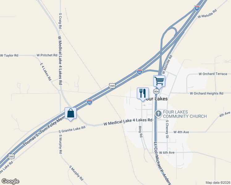 map of restaurants, bars, coffee shops, grocery stores, and more near 13410 West 1st Street in Cheney