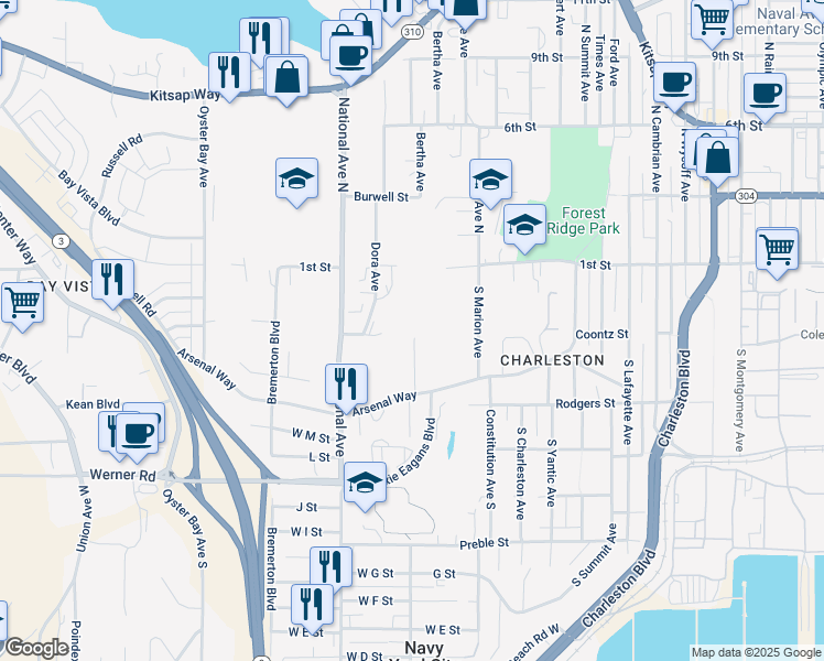 map of restaurants, bars, coffee shops, grocery stores, and more near 3560 Arsenal Way in Bremerton