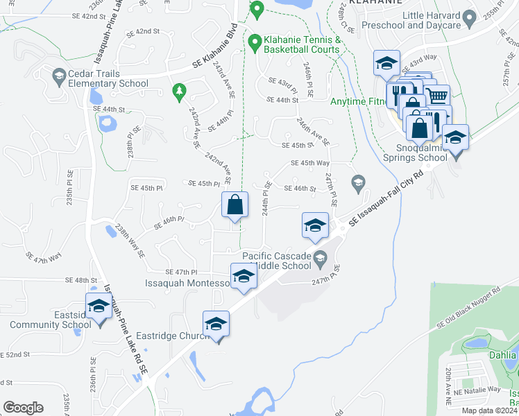 map of restaurants, bars, coffee shops, grocery stores, and more near 4637 244th Place Southeast in Issaquah