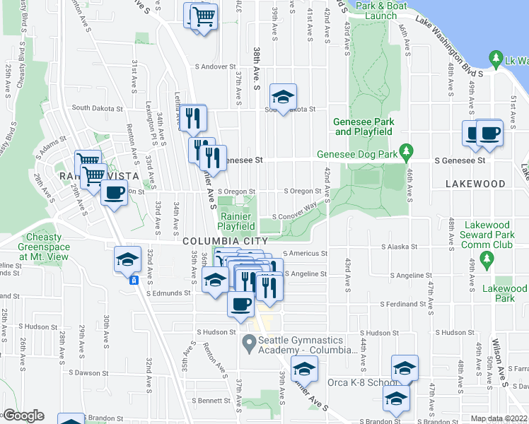 map of restaurants, bars, coffee shops, grocery stores, and more near 4526 38th Avenue South in Seattle