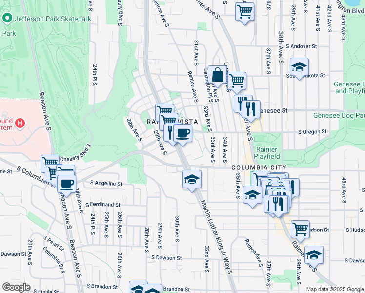 map of restaurants, bars, coffee shops, grocery stores, and more near 4560 Martin Luther King Junior Way South in Seattle