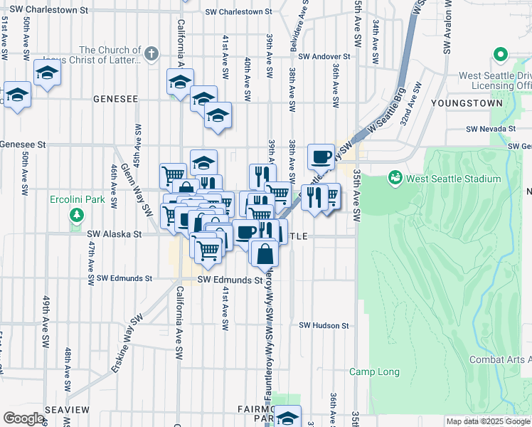 map of restaurants, bars, coffee shops, grocery stores, and more near 4555 39th Avenue Southwest in Seattle