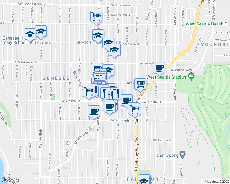 map of restaurants, bars, coffee shops, grocery stores, and more near 4532 42nd Avenue Southwest in Seattle