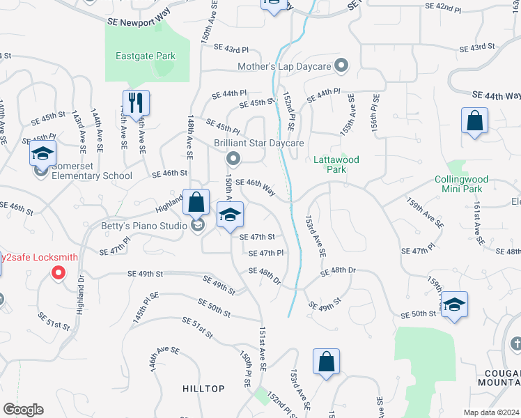 map of restaurants, bars, coffee shops, grocery stores, and more near 15015 Southeast 46th Place in Bellevue