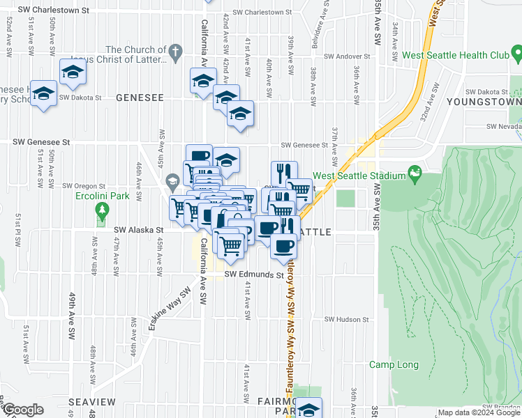 map of restaurants, bars, coffee shops, grocery stores, and more near 4529 40th Avenue Southwest in Seattle