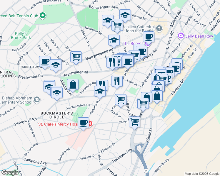 map of restaurants, bars, coffee shops, grocery stores, and more near 15 Gear Street in St. John's