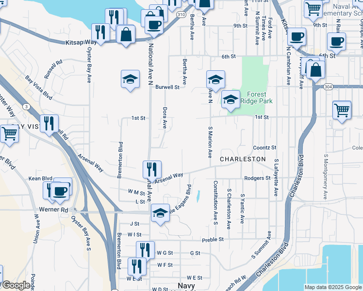 map of restaurants, bars, coffee shops, grocery stores, and more near 3560 Arsenal Way in Bremerton
