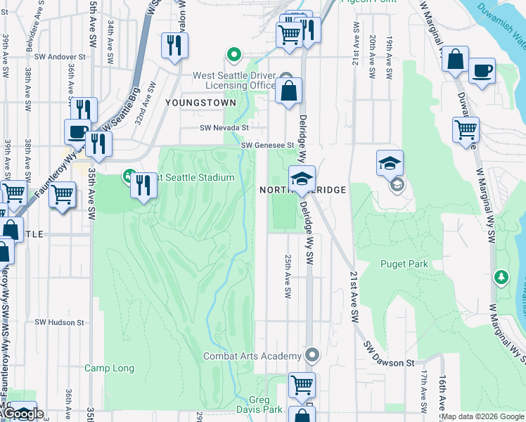 map of restaurants, bars, coffee shops, grocery stores, and more near 4529 26th Avenue Southwest in Seattle