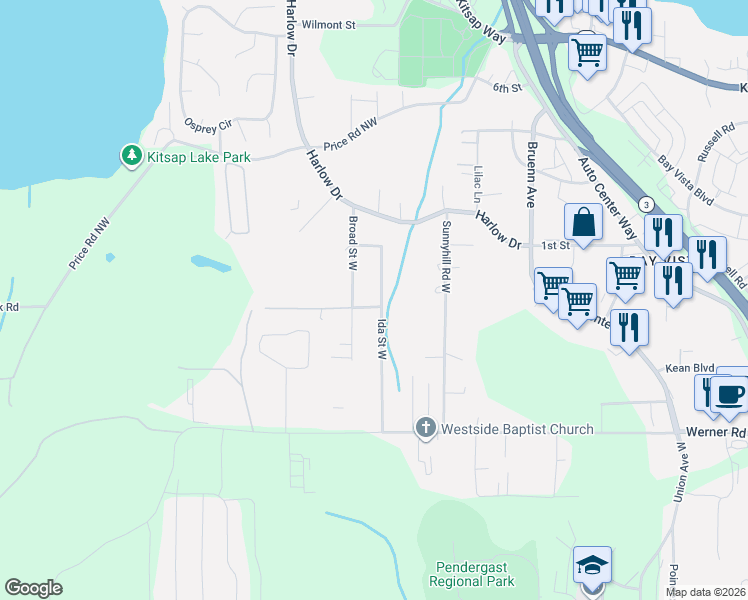 map of restaurants, bars, coffee shops, grocery stores, and more near 145 Ida Street West in Bremerton