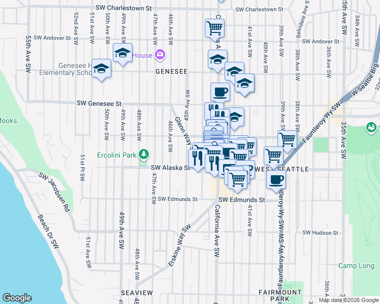 map of restaurants, bars, coffee shops, grocery stores, and more near 4517 Glenn Way Southwest in Seattle