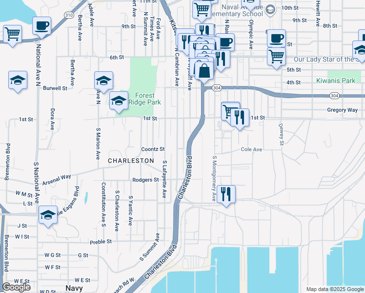 map of restaurants, bars, coffee shops, grocery stores, and more near 2812 Coontz Street in Bremerton