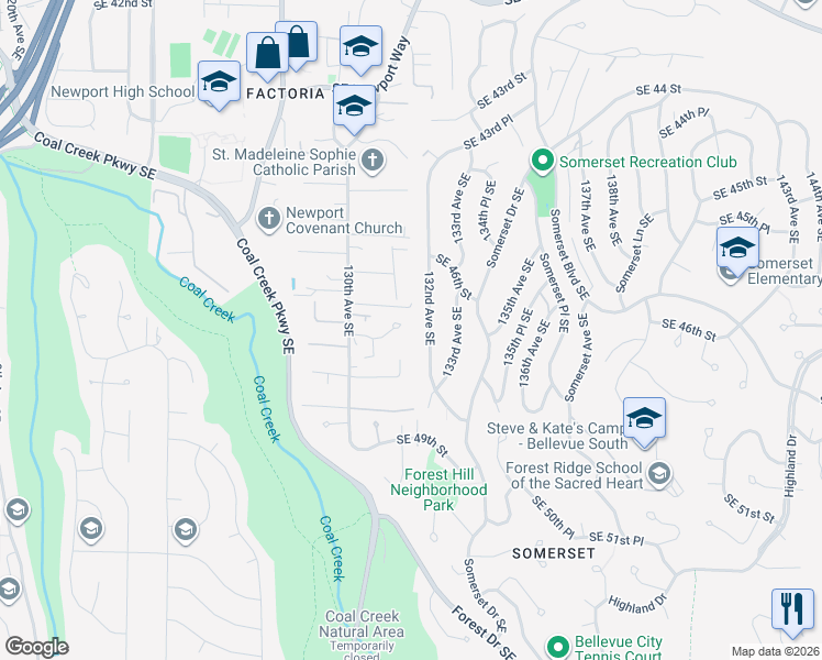 map of restaurants, bars, coffee shops, grocery stores, and more near 13121 Southeast 47th Street in Bellevue