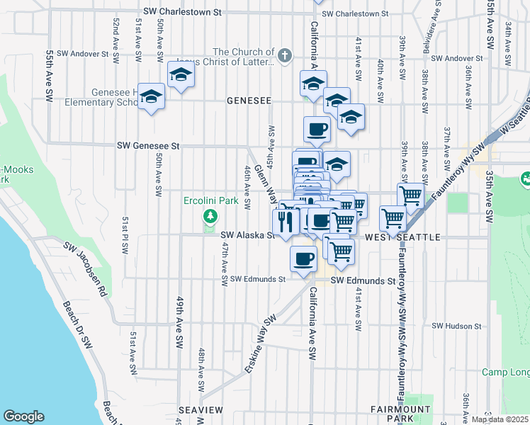 map of restaurants, bars, coffee shops, grocery stores, and more near 4527 45th Avenue Southwest in Seattle