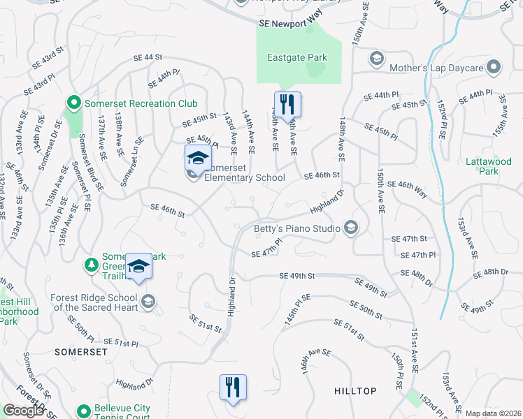 map of restaurants, bars, coffee shops, grocery stores, and more near 4658 144th Place Southeast in Bellevue