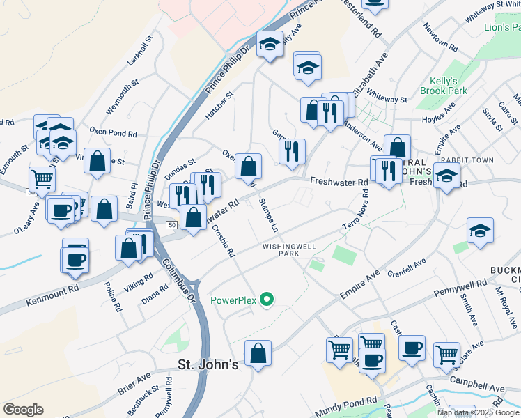 map of restaurants, bars, coffee shops, grocery stores, and more near 79 Stamps Lane in St. John's