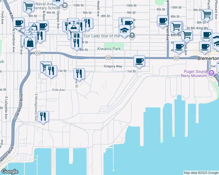 map of restaurants, bars, coffee shops, grocery stores, and more near 1665 Morong Road in Bremerton