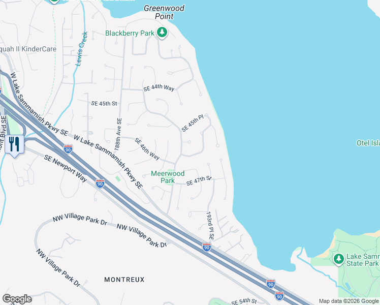 map of restaurants, bars, coffee shops, grocery stores, and more near 19206 Southeast 46th Street in Issaquah