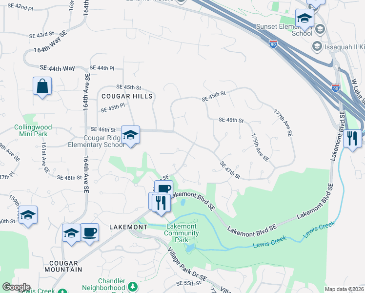 map of restaurants, bars, coffee shops, grocery stores, and more near 17058 Southeast 47th Court in Bellevue