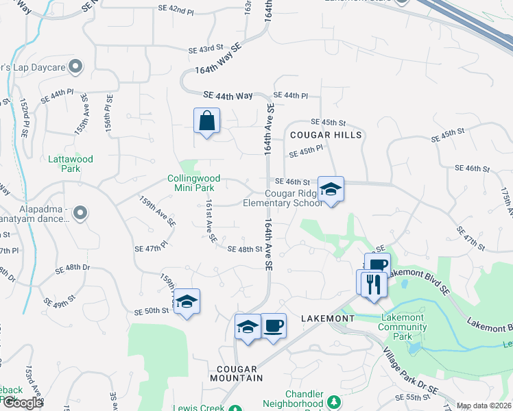 map of restaurants, bars, coffee shops, grocery stores, and more near 4648 163rd Place Southeast in Bellevue