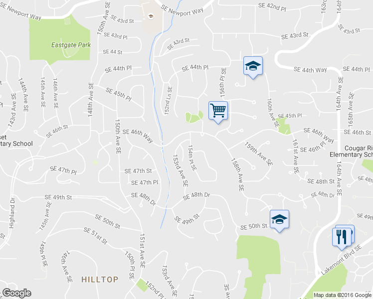 map of restaurants, bars, coffee shops, grocery stores, and more near 4701 154th Place Southeast in Bellevue