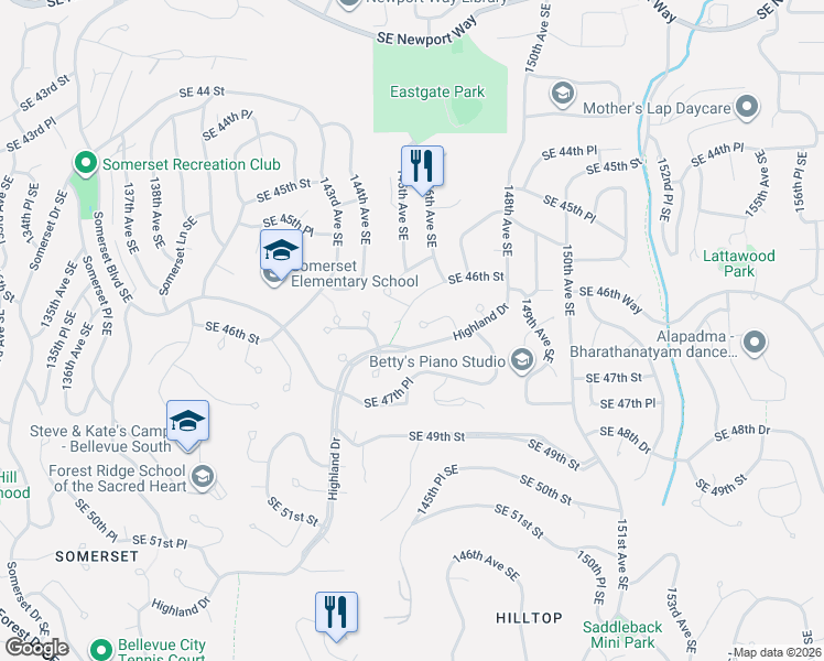map of restaurants, bars, coffee shops, grocery stores, and more near 4603 146th Place Southeast in Bellevue
