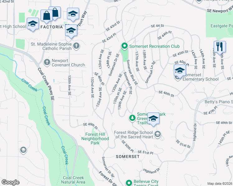 map of restaurants, bars, coffee shops, grocery stores, and more near 4619 136th Avenue Southeast in Bellevue