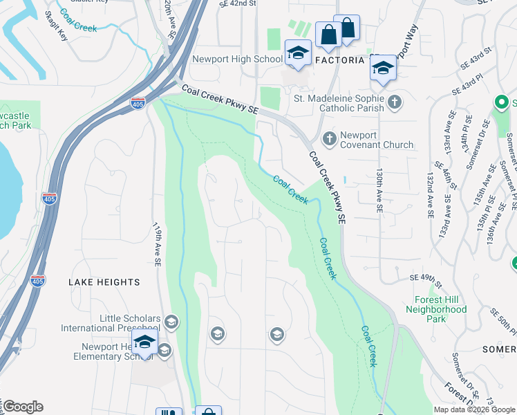 map of restaurants, bars, coffee shops, grocery stores, and more near 12309 Southeast 46th Court in Bellevue